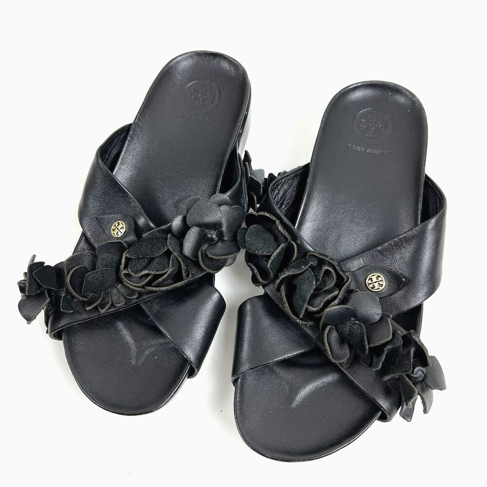 TORY BURCH Leather Slide Sandal Flower Blossom Floral Criss Cross Black Sz 7.5 M